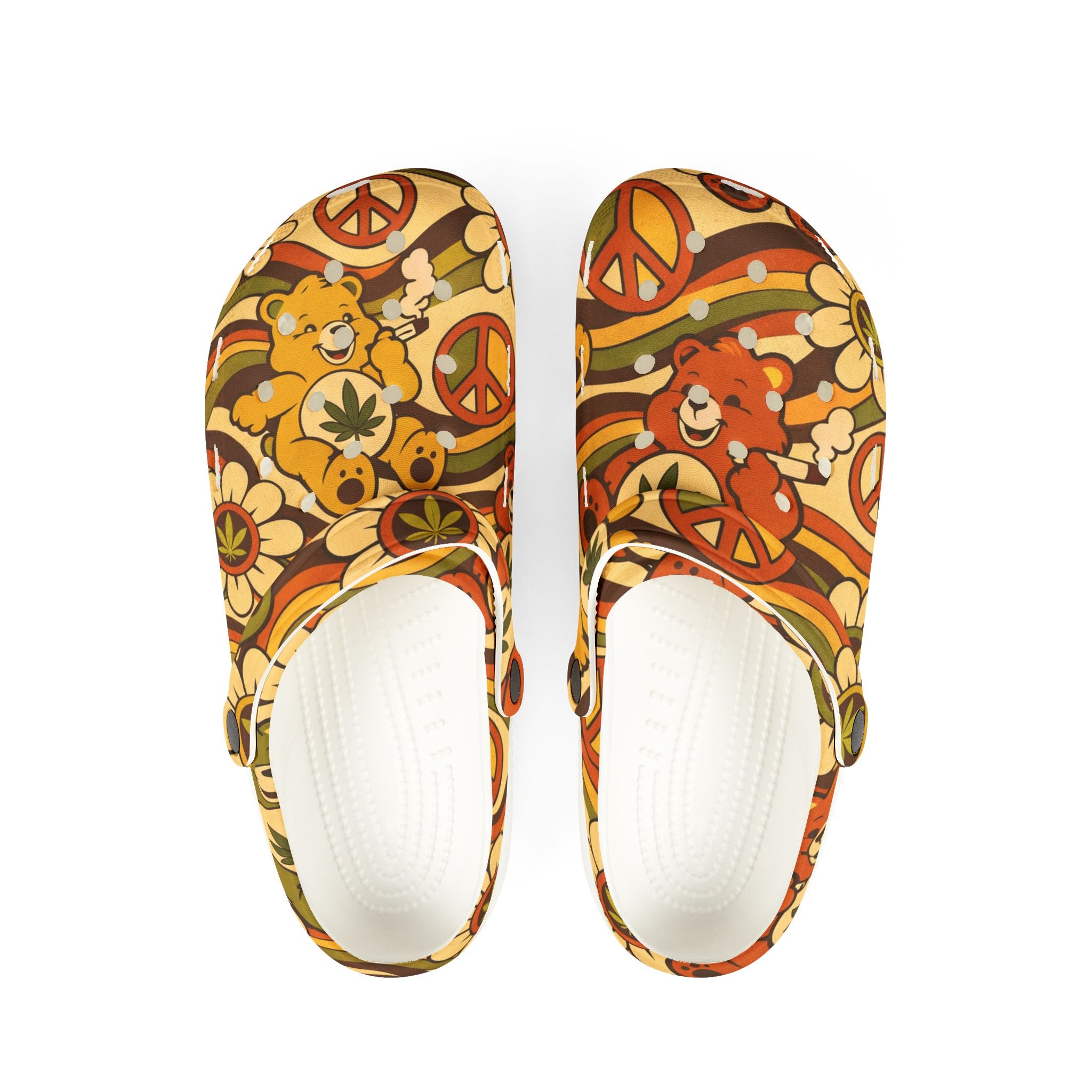 Retro Flower Power EVA Clogs — 70s Peace Sign Floral Slip-On Shoes