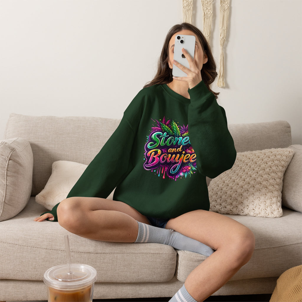 Crewneck Sweatshirt — "Stoned and Boujee" Colorful Cannabis Graphic