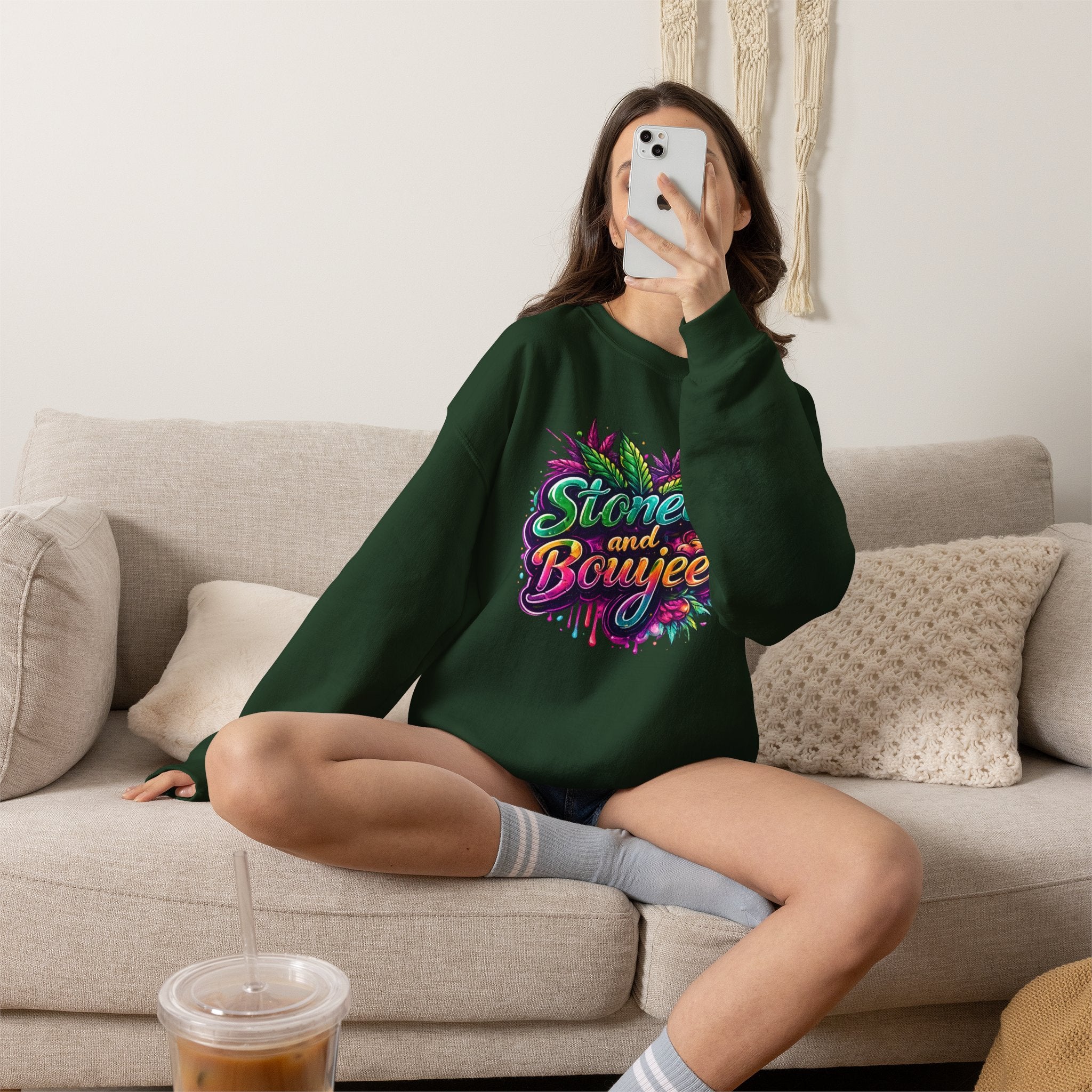 Crewneck Sweatshirt — "Stoned and Boujee" Colorful Cannabis Graphic