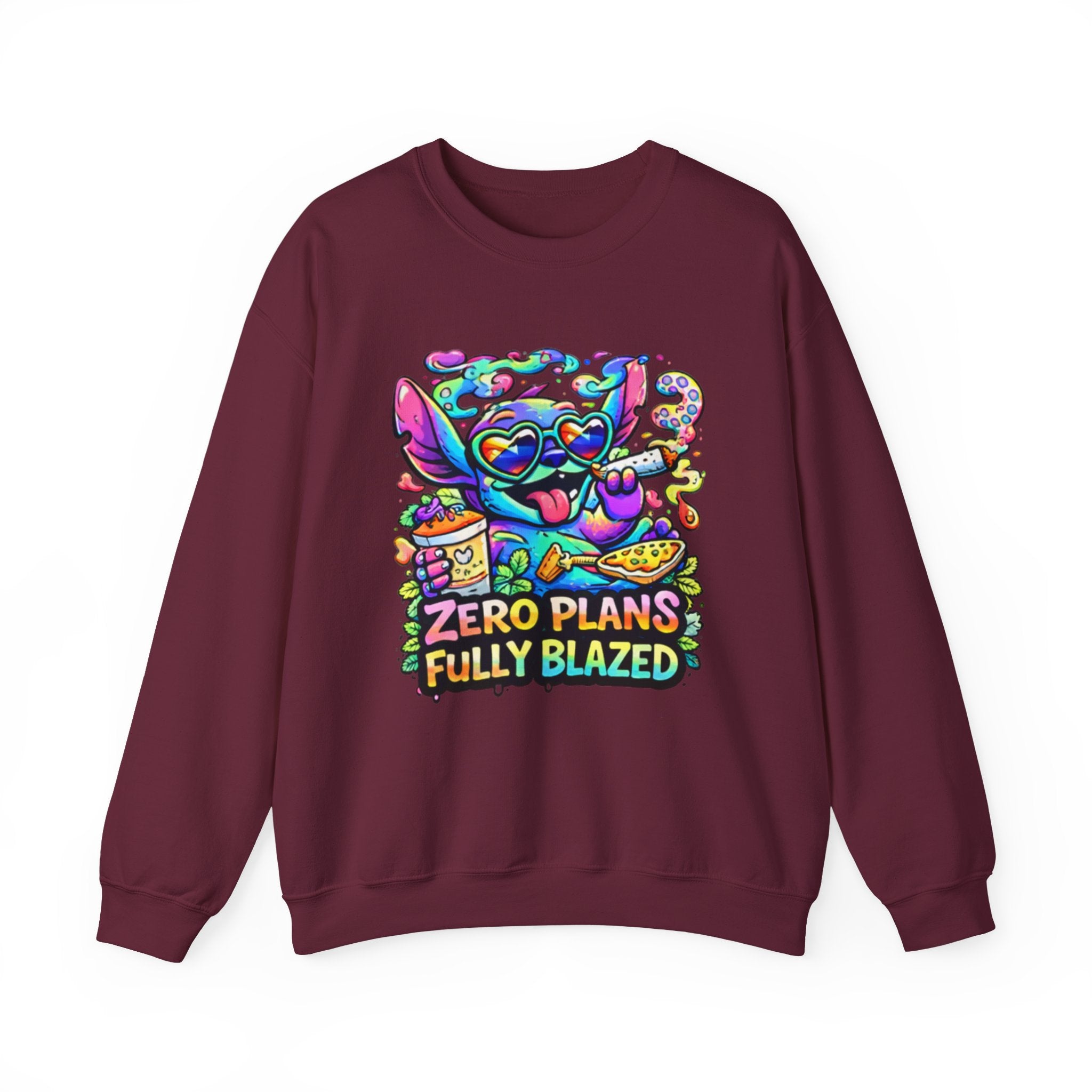 Crewneck Sweatshirt — "Zero Plans Fully Blazed" Colorful Stoner Cartoon Graphic
