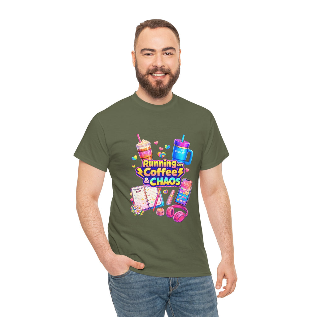 Graphic Tee — "Running on Coffee & Chaos" Colorful Planner Lover Shirt