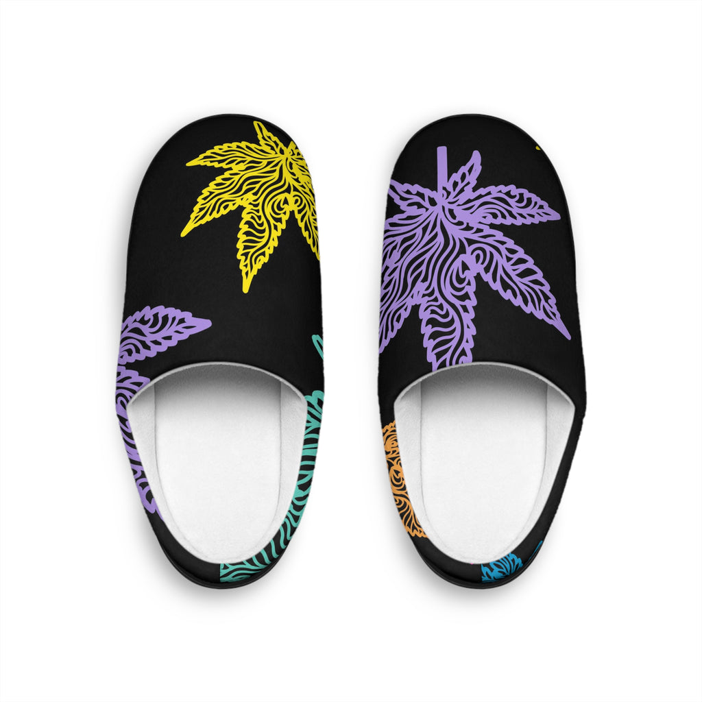 Floral Leaf Pattern Women's Indoor Slippers — Cozy Black Pastel Slip-Ons