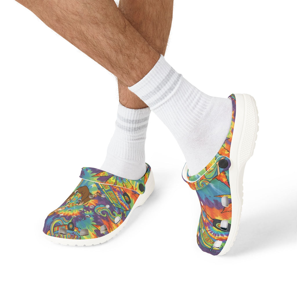 Psychedelic Hippie Clog Shoes — Colorful VW Bus & Peace Sign EVA Foam Clogs