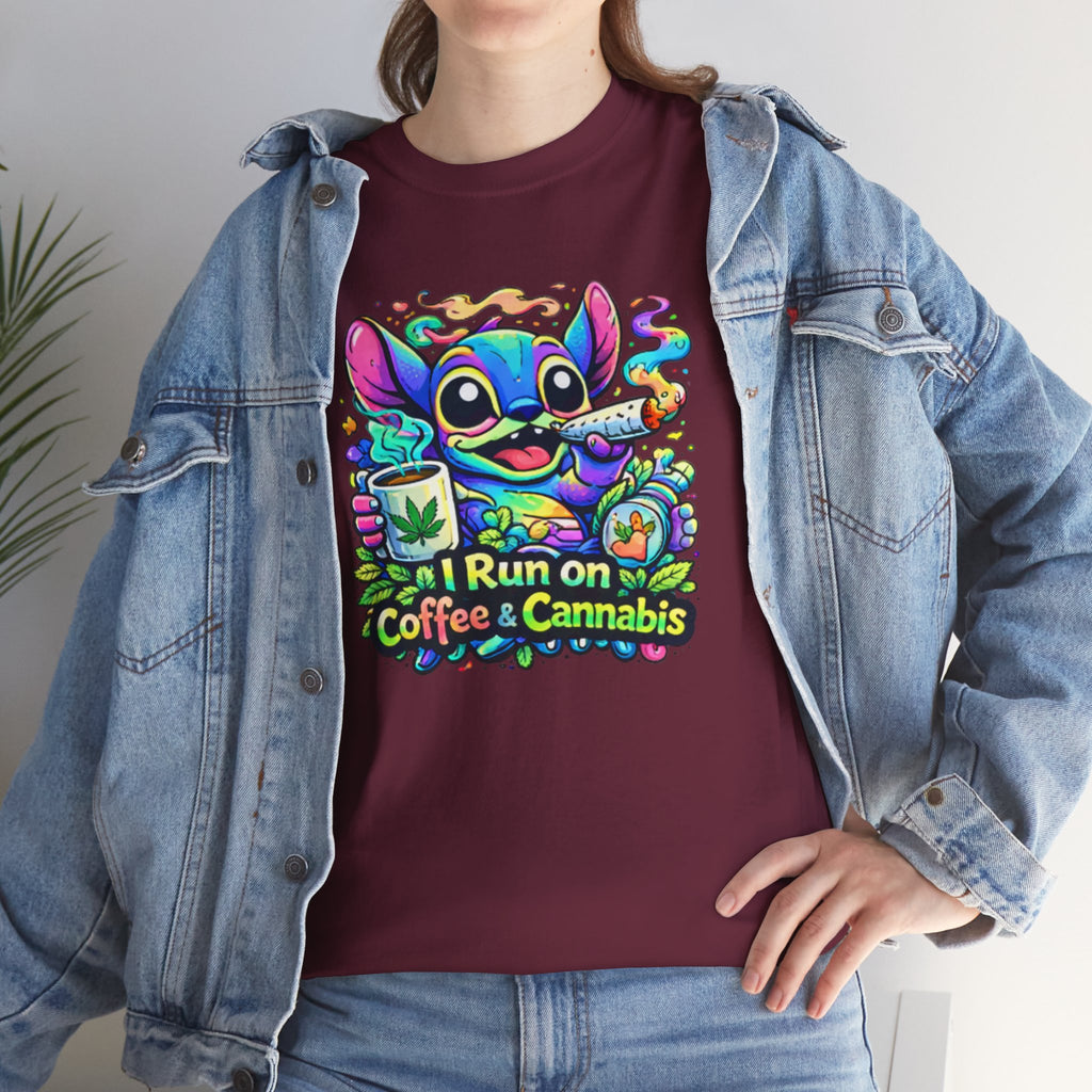 Coffee & Cannabis Tee — 'I Run on Coffee & Cannabis' Cute Stitch Graphic T-Shirt