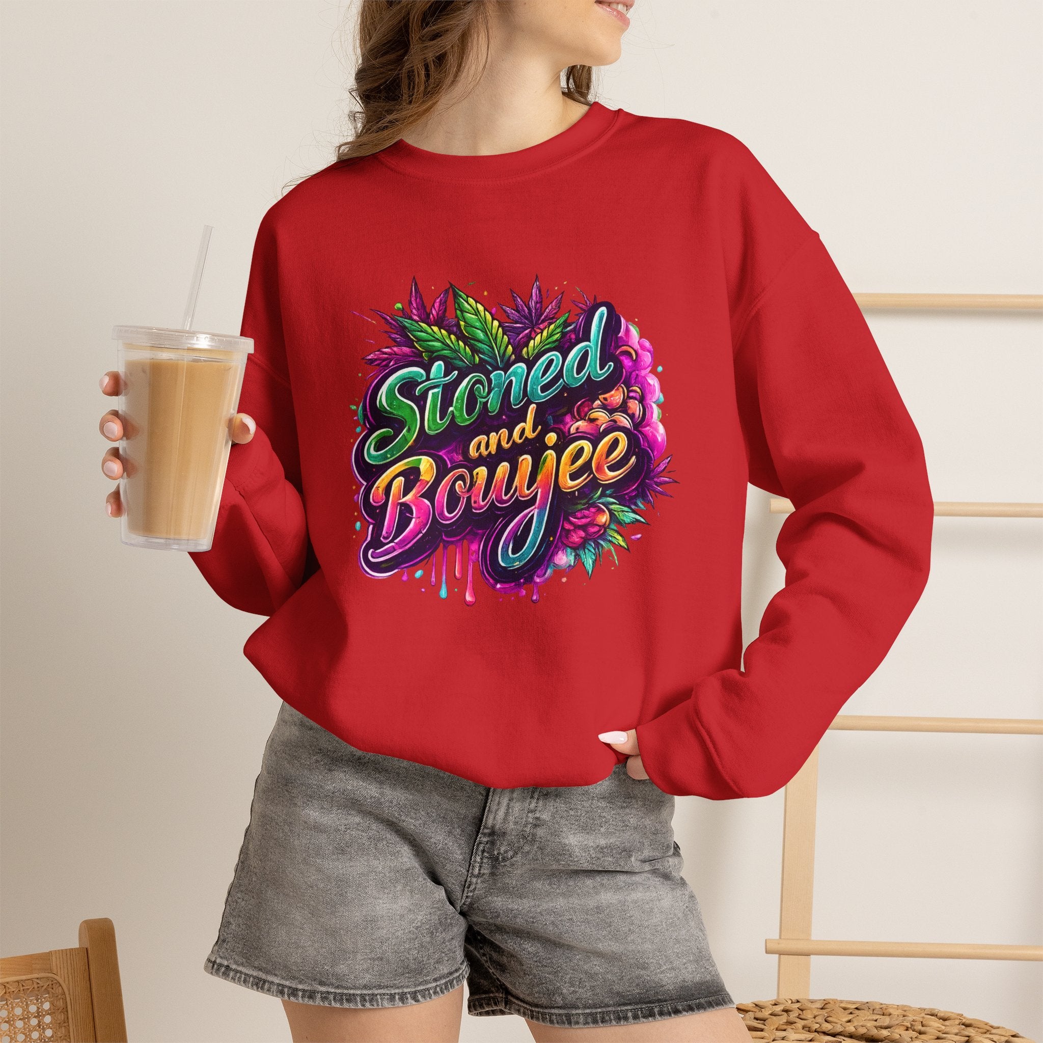 Crewneck Sweatshirt — "Stoned and Boujee" Colorful Cannabis Graphic