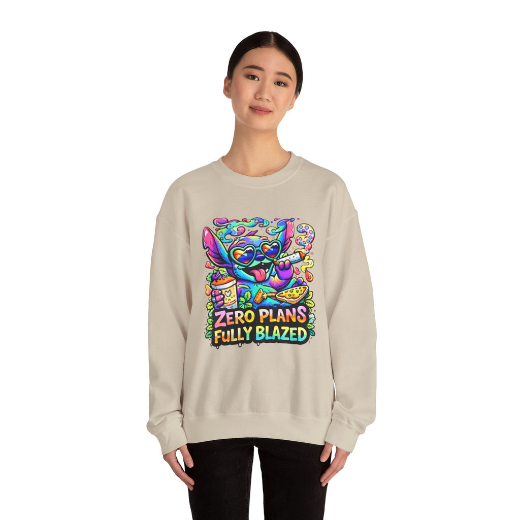 Crewneck Sweatshirt — "Zero Plans Fully Blazed" Colorful Stoner Cartoon Graphic