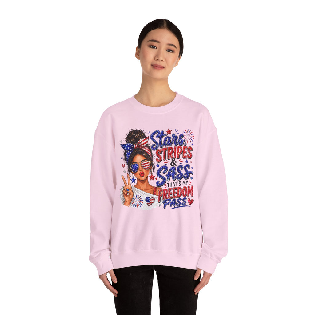 Patriotic 'Stars, Stripes & Sass' Crewneck Sweatshirt – 4th of July Freedom Pass Graphic
