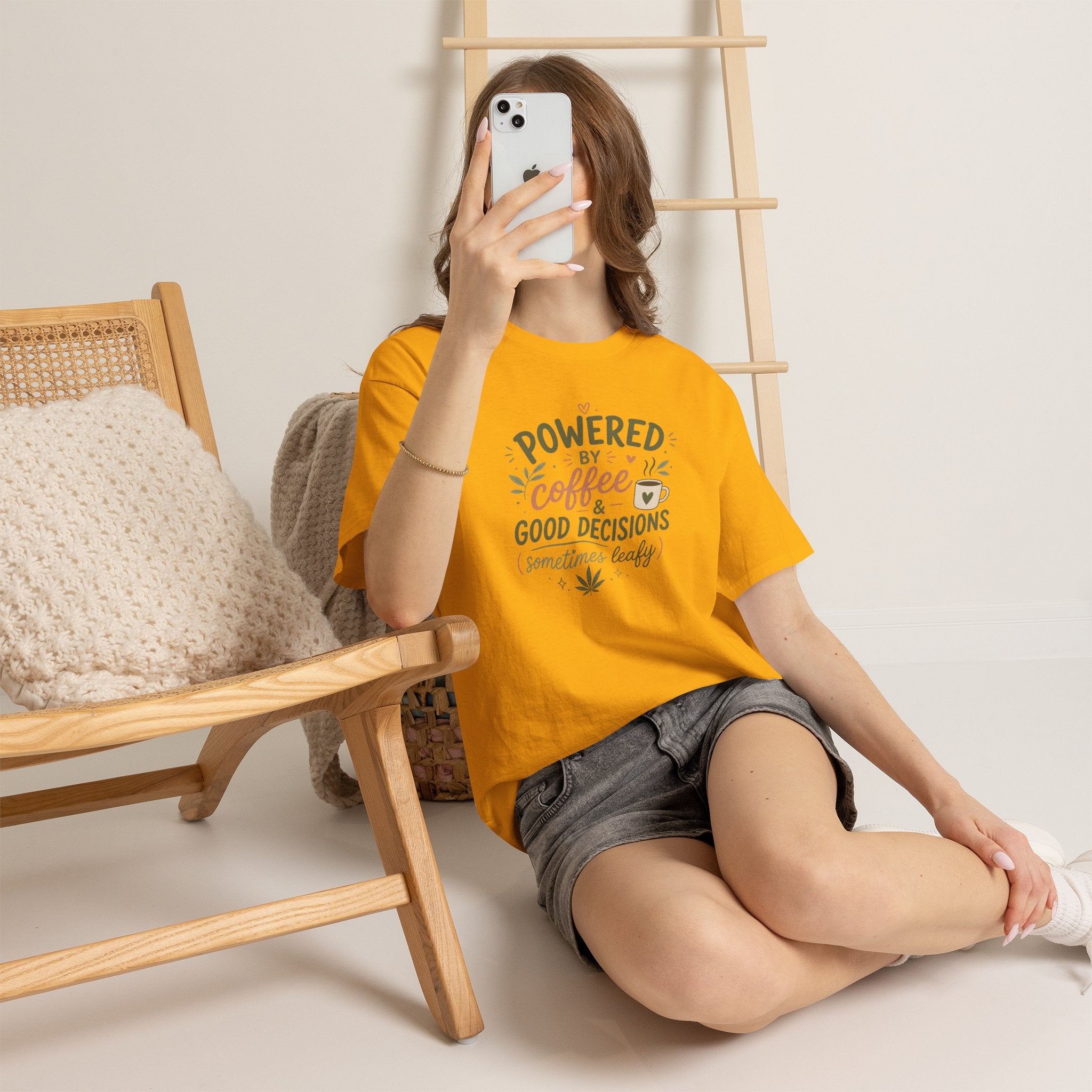 Coffee & Good Decisions T-Shirt — "Powered by Coffee & Good Decisions (Sometimes Leafy)"