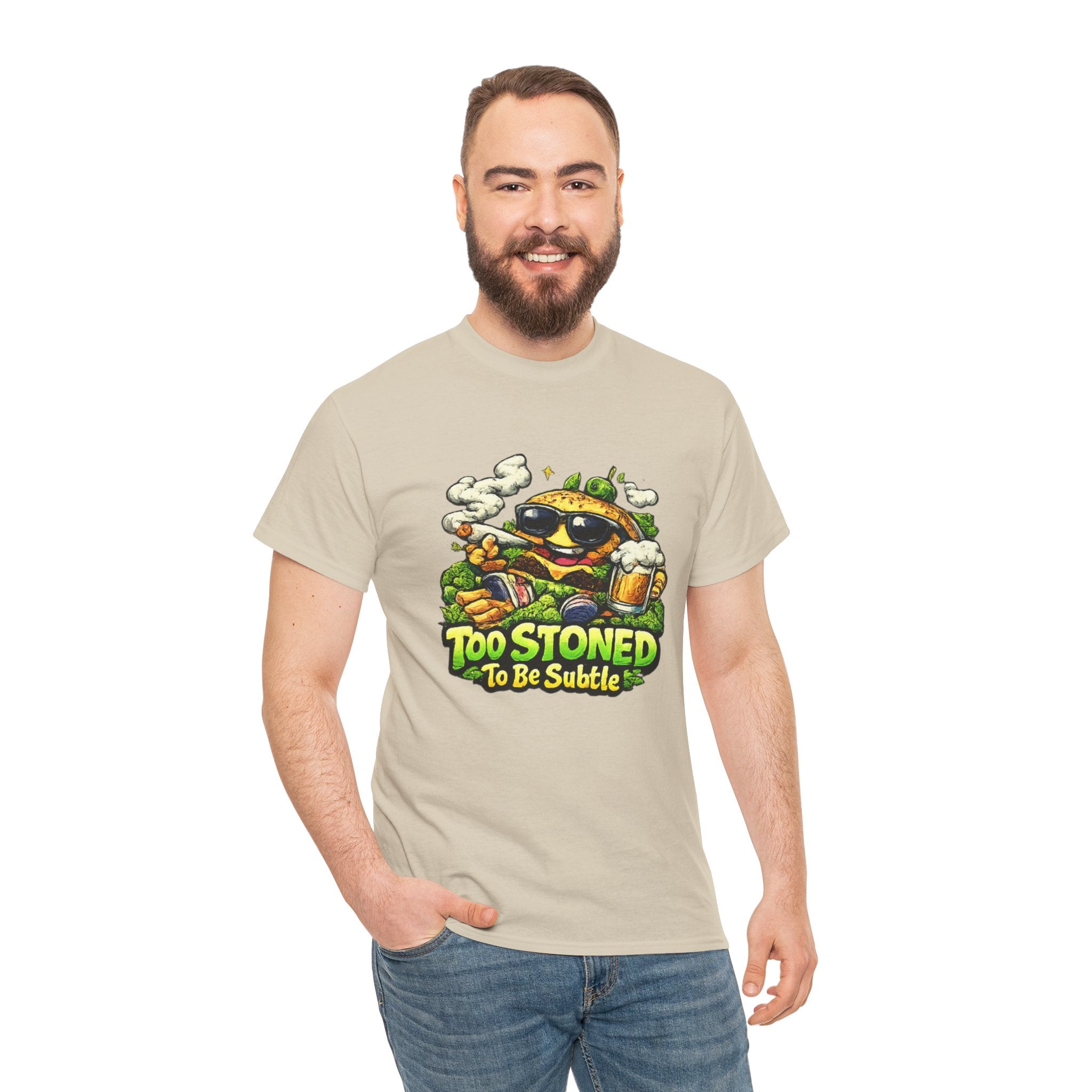 Too Stoned To Be Subtle Tee - Funny Retro Cartoon Burger Cannabis T-Shirt