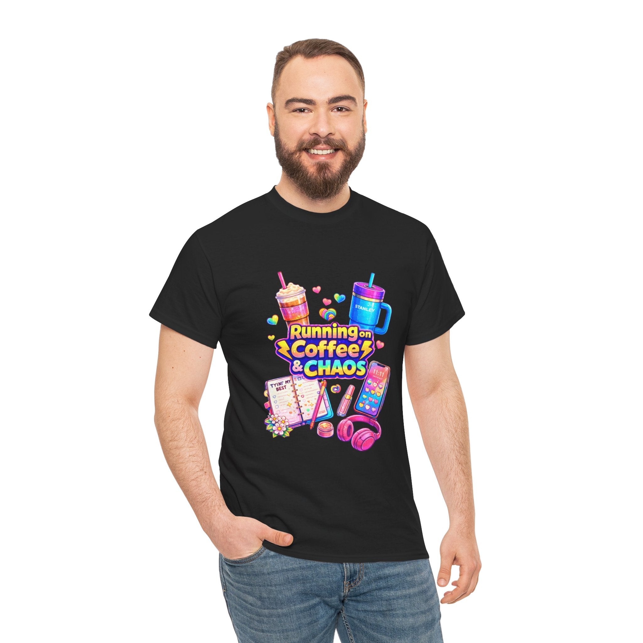 Graphic Tee — "Running on Coffee & Chaos" Colorful Planner Lover Shirt