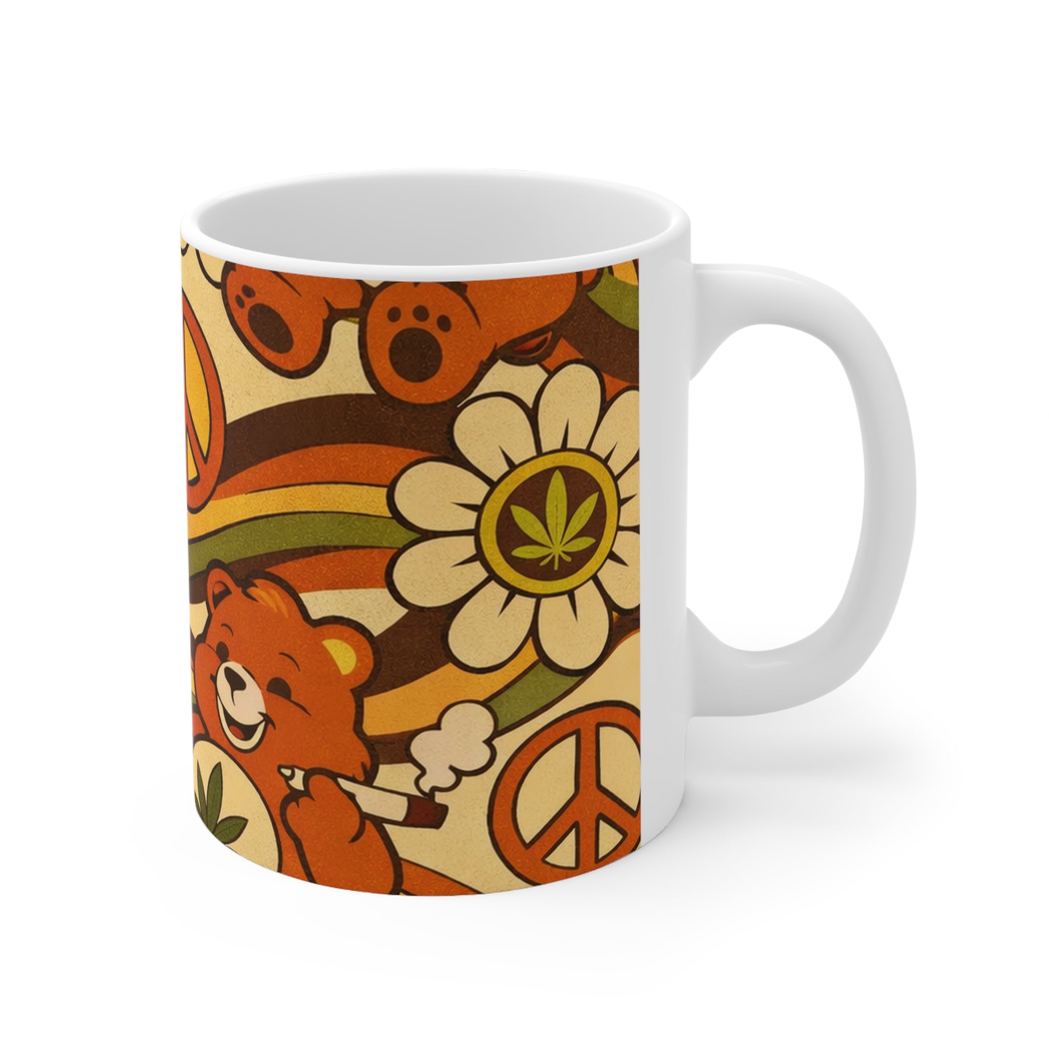 Retro Weed Bear Mug — 11oz & 15oz Ceramic Coffee Cup with Peace Sign & Cannabis Design