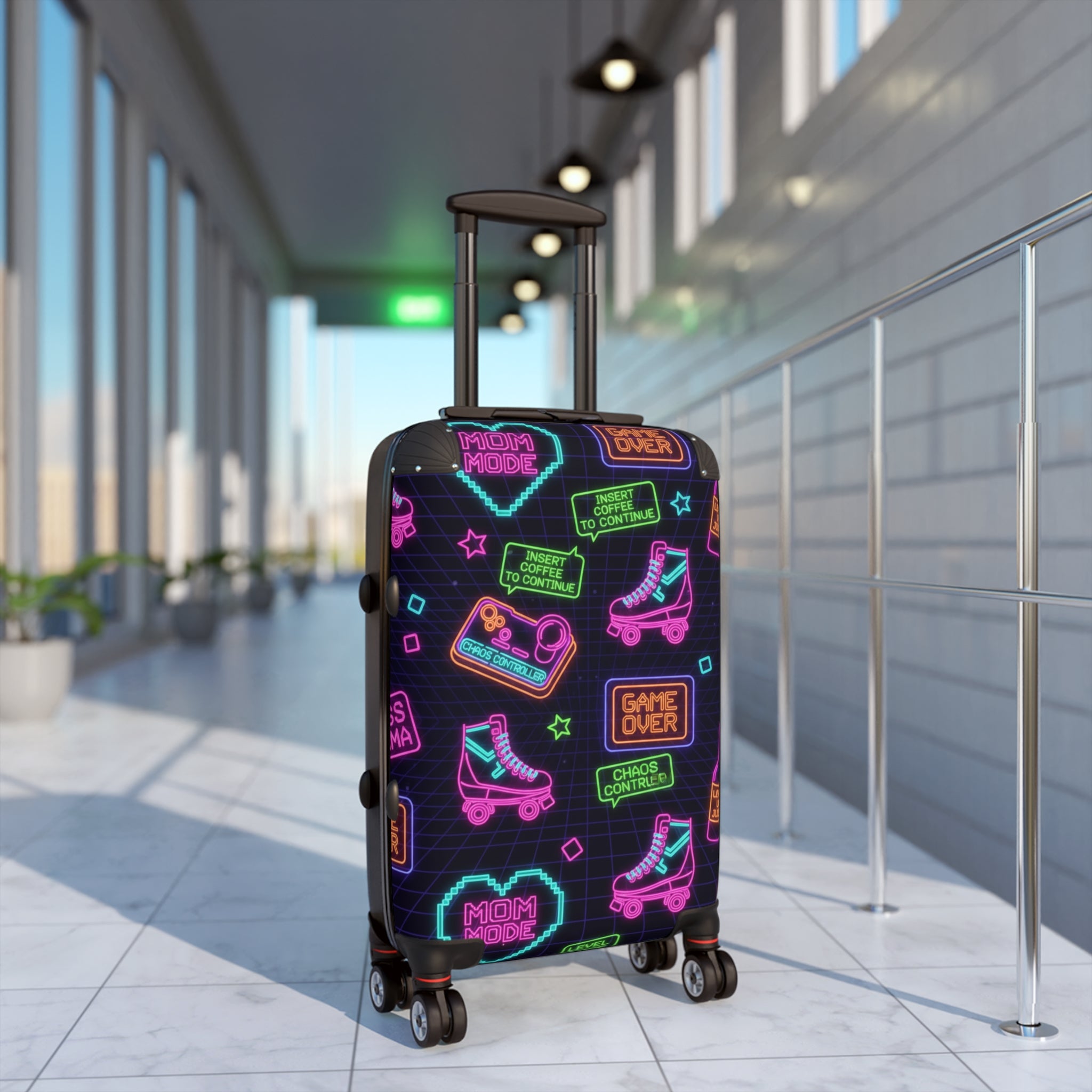 Neon Retro Arcade Suitcase – Roller Skates & Game Over Travel Luggage