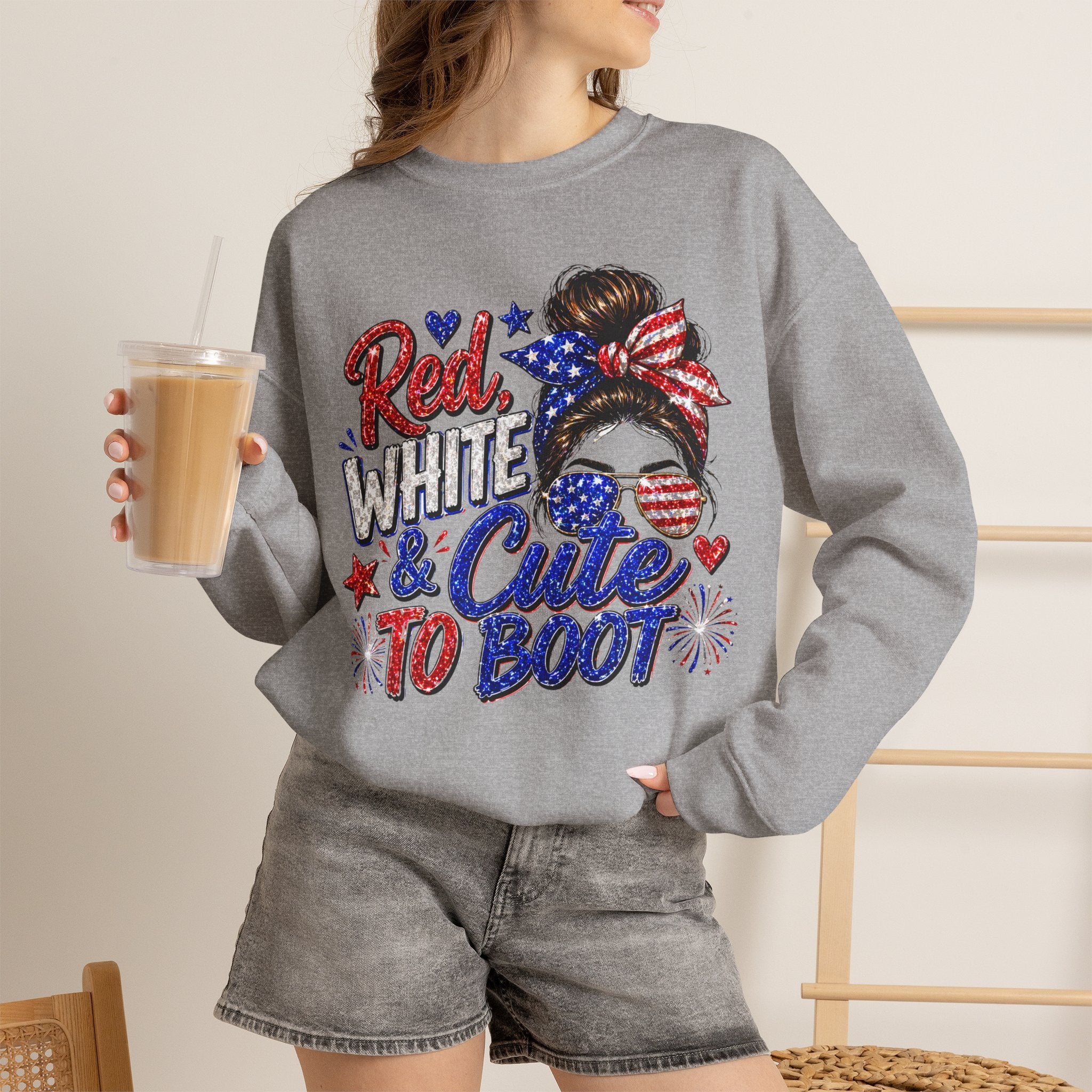 Crewneck Sweatshirt - "Red, White & Cute to Boot" Patriotic Women’s Graphic