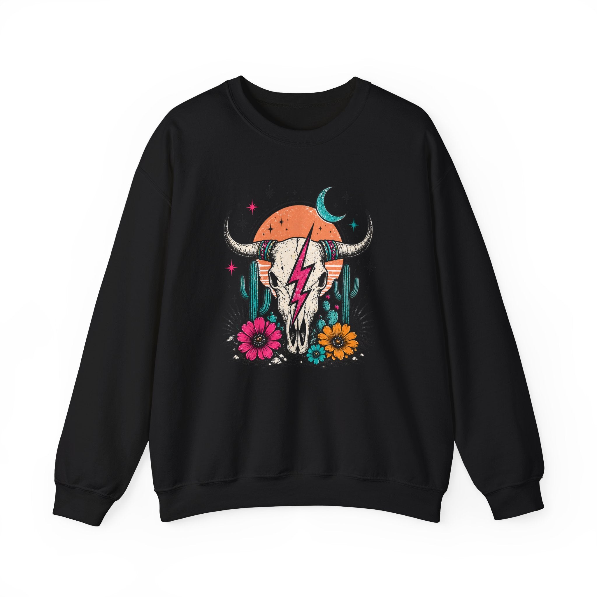 Southwest Skull Crewneck Sweatshirt — Desert Cactus Lightning Graphic