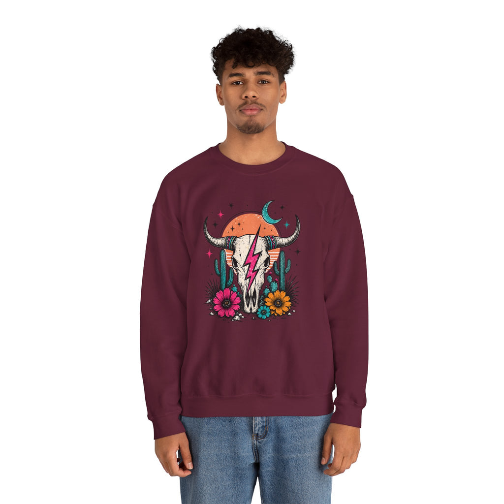 Southwest Skull Crewneck Sweatshirt — Desert Cactus Lightning Graphic
